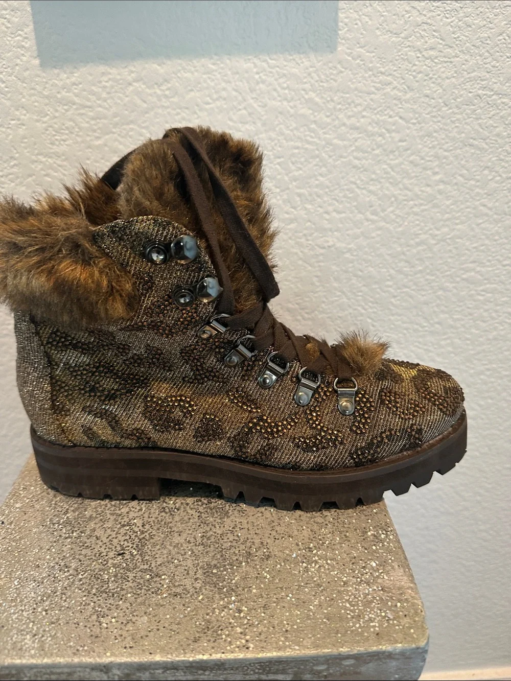 Jessica Simpson Brown Faux Fur Ankle Booties with Metallic Accents